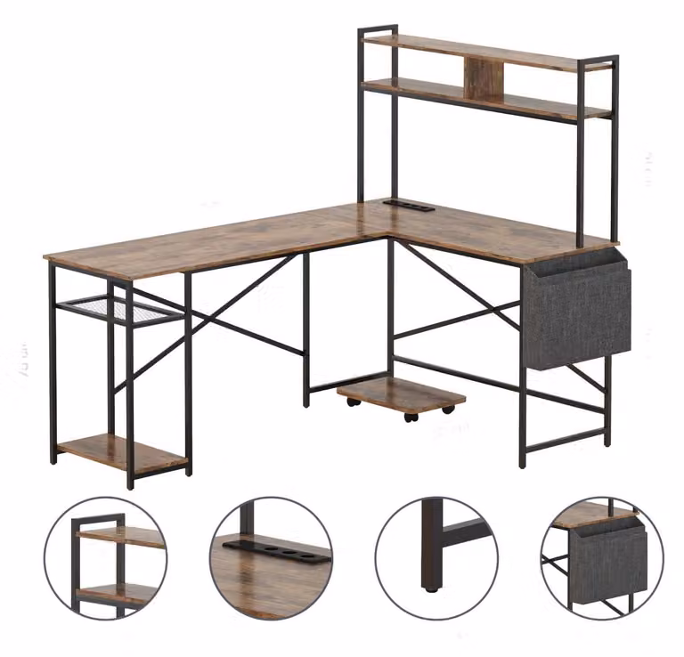 Scrivania a forma di L con ripiano e prese, scrivania angolare per computer, scrivania da ufficio con supporto per monitor e tasca laterale, 170x116 cm, marrone