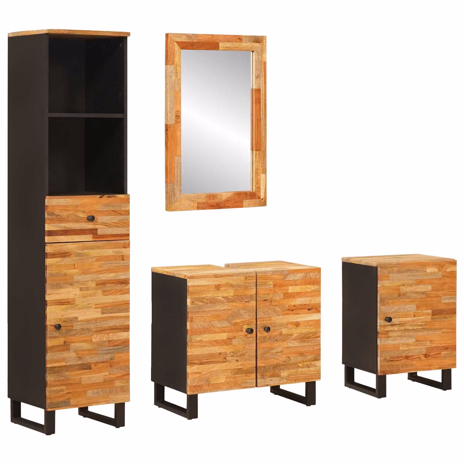 vidaXL Set da Bagno in Legno di Mango Naturale con Armadietto e Cassetti, H 160 x L 38 x P 33 cm