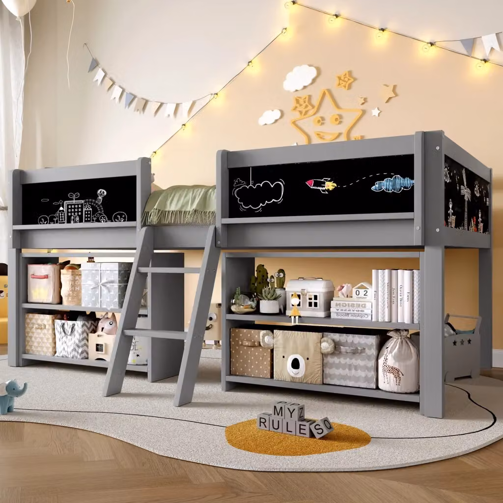 Letto a soppalco singolo REDOM grigio con ripiani e scala per cameretta dei bambini L/P/H: 204 x 90 x 124 cm – 2
