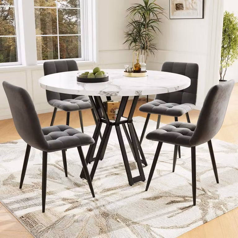 Tavolo rotondo da pranzo con 4 sedie, dimensioni 100x100x76 cm, aspetto marmo, struttura in MDF, gambe in metallo grigio, sedute in velluto grigio
