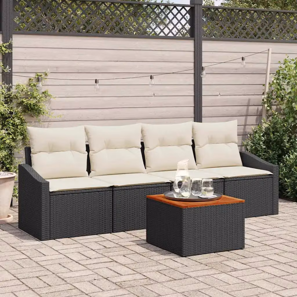 Set Divano da Giardino Moderno vidaXL in Polyrattan Nero con Cuscini e Tavolino da 5 Pezzi – 1
