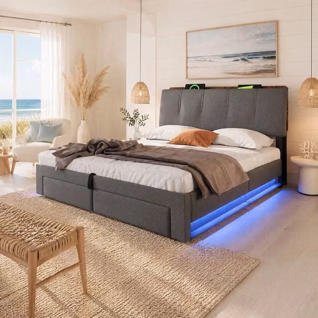 Letto contenitore Mivray con base a sollevamento, testiera imbottita in lino grigio, illuminazione LED sottostante e porte di ricarica USB e USB-C, L/P/H: 218 x 142 x 107 cm, 140 x 200 cm