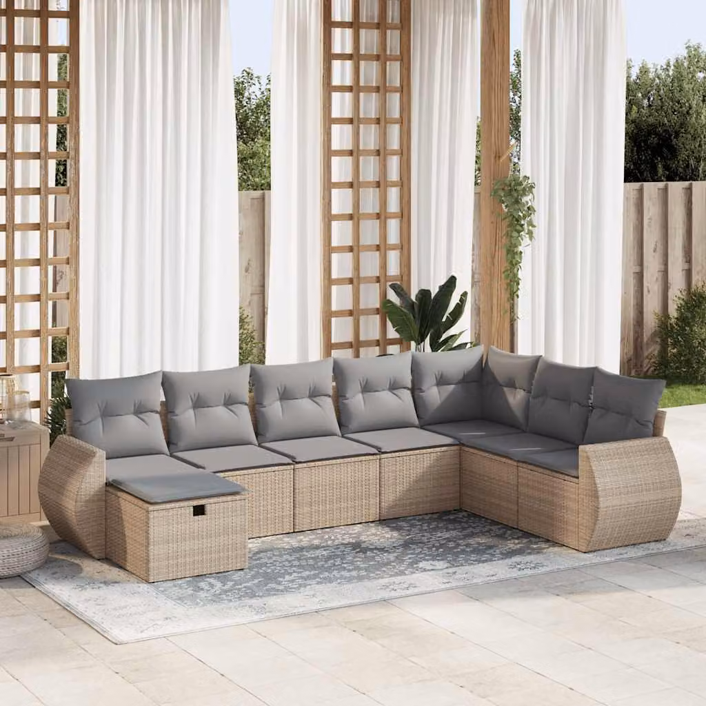 Set Divano da Giardino vidaXL 8 pz a forma a U in Polyrattan con Cuscini Beige e Grigio e Struttura in Acciaio