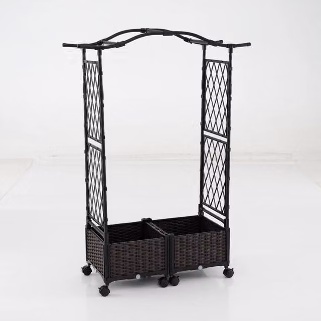 Cassetta per piante con irrigazione automatica, graticcio e tetto, letto da giardino rialzato su ruote con blocco, in rattan impermeabile marrone