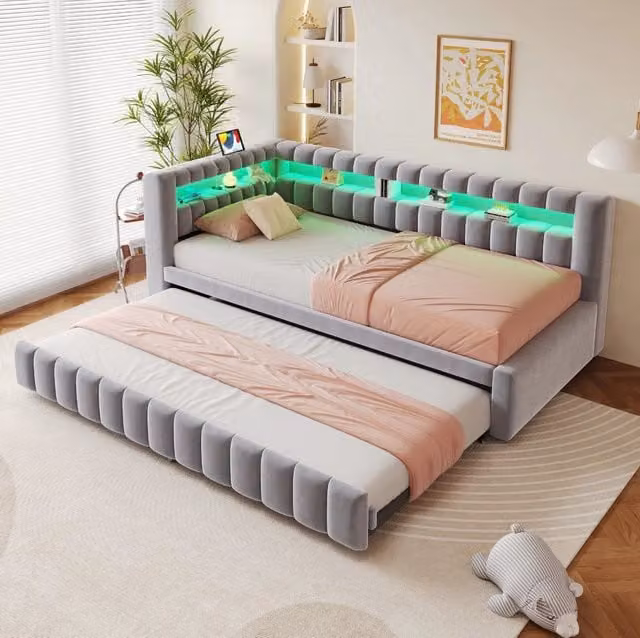 Letto imbottito trasformabile MODFU in velluto grigio con LED, porte USB e ripiani integrati L/P/H: 90 x 200 cm