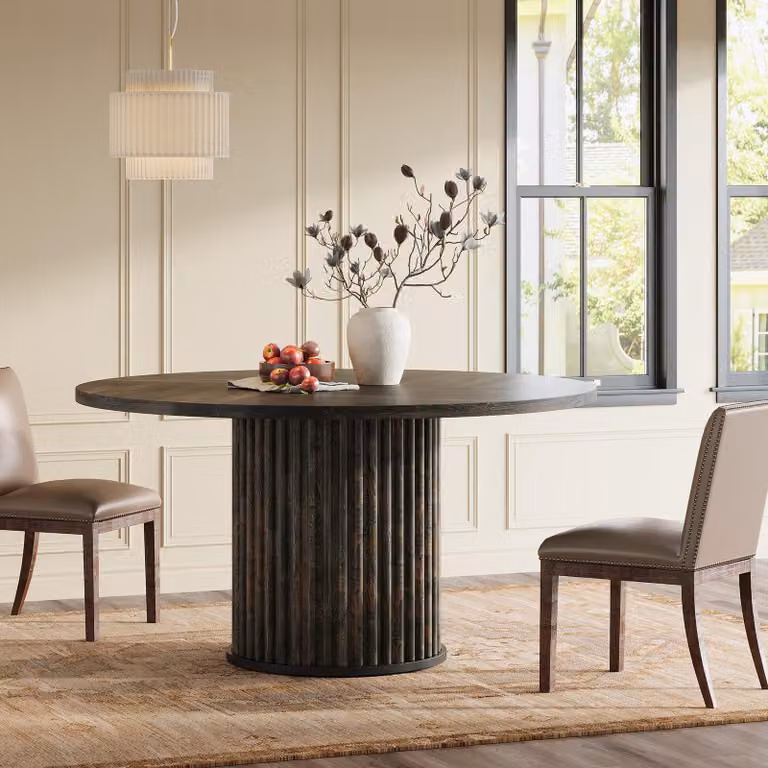 Tavolo da pranzo rotondo Tribesigns, 120 cm, per 4-6 persone, tavolo da cucina moderno in MDF scanalato con struttura in metallo, mobile da sala da pranzo robusto, nero-marrone