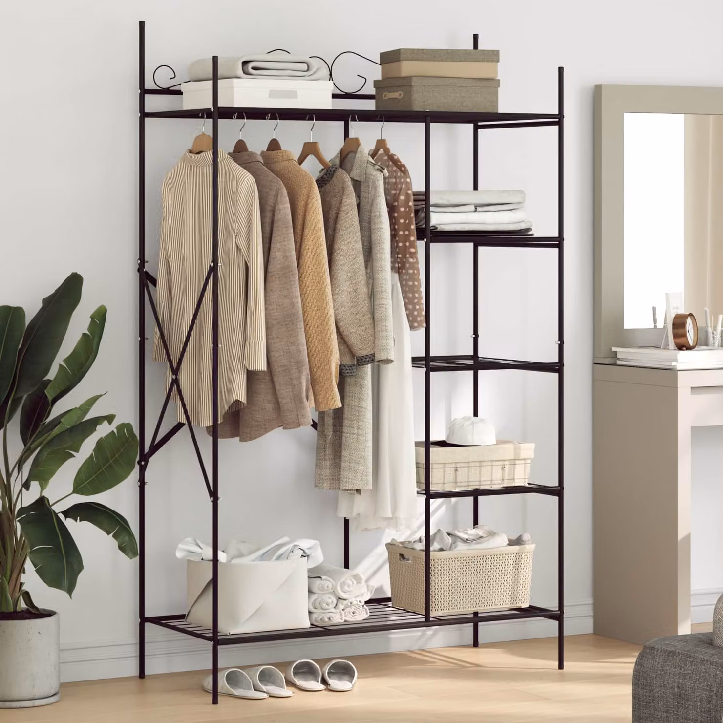 Armadio aperto vidaXL in acciaio nero con scaffali e appendiabiti L: 104,5 cm, P: 45 cm, H: 172 cm