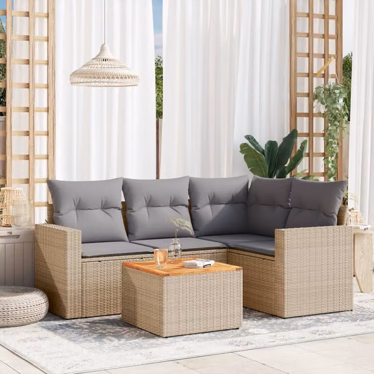 Set Divano da Giardino vidaXL 5 pz in Polyrattan con Cuscini Beige e Tavolino da Caffè