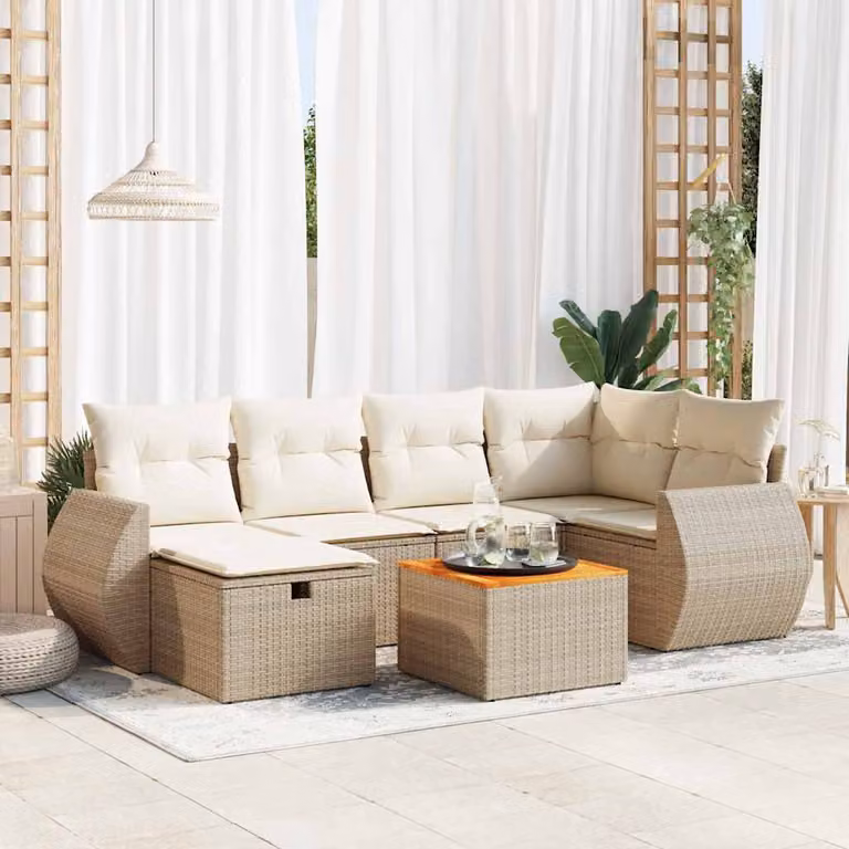 Set di divani da giardino vidaXL in polyrattan 7 pezzi con cuscini beige e struttura in legno di acacia e metallo con forma a L