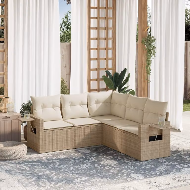 vidaXL Set Divano da Giardino a L 5 pz in Polyrattan con Cuscini Beige e Tavolino