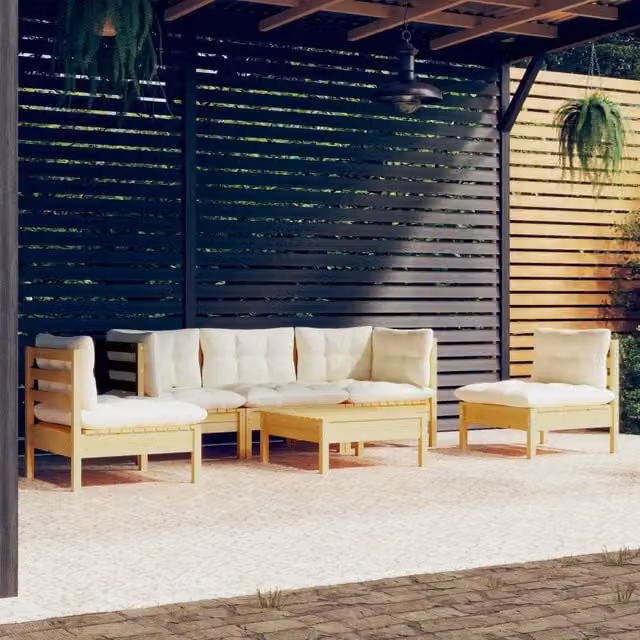 Set Divani da Giardino 6 pz con Cuscini Crema Massello di Pino 3096190