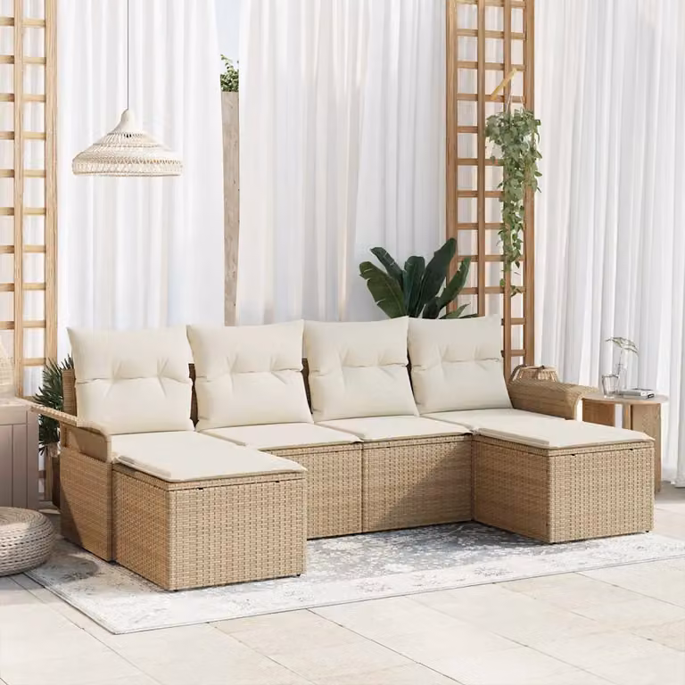Set Divano da Giardino vidaXL 6 Pezzi Beige con Archiviazione e Cuscini in Polyrattan e Acciaio