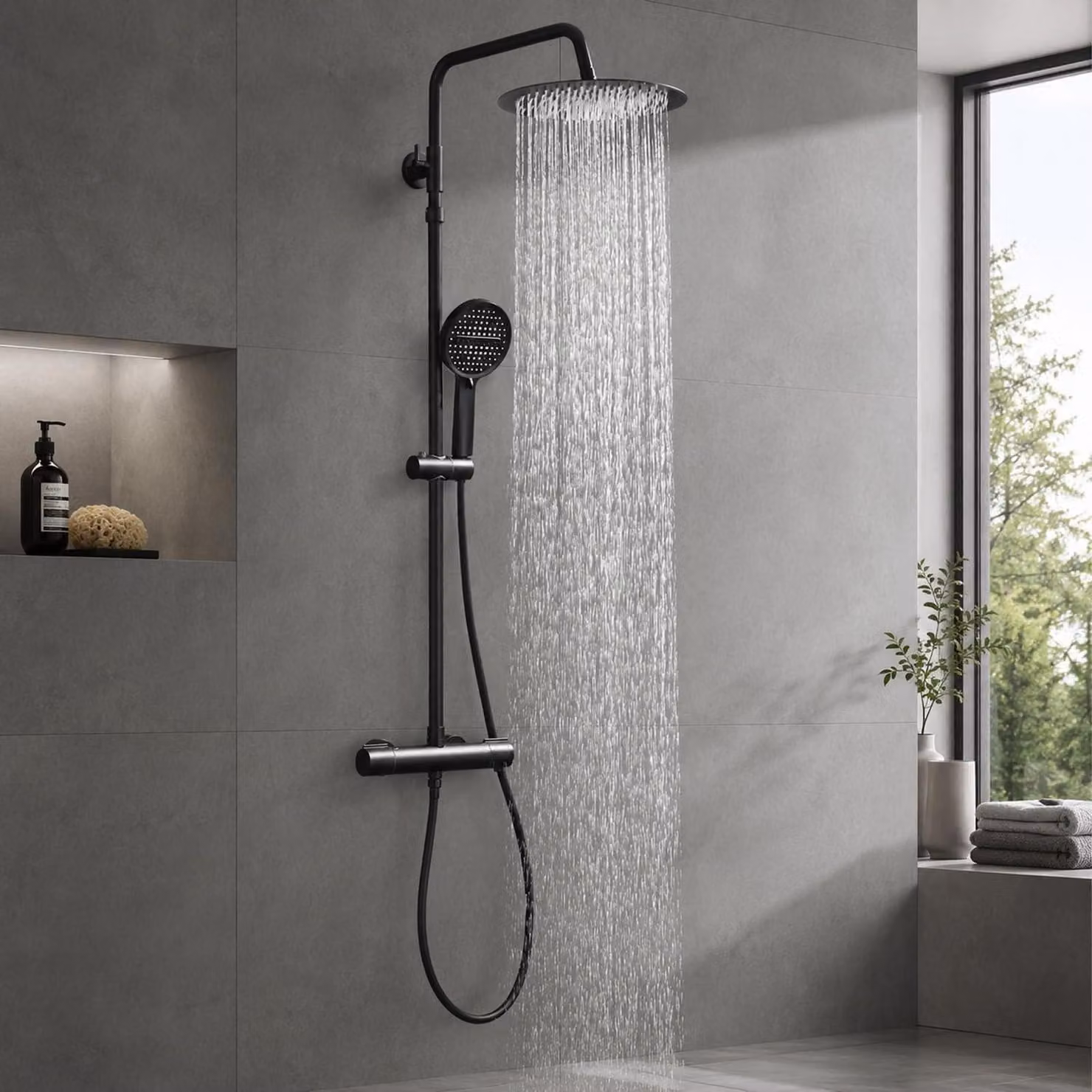 Sistema doccia con miscelatore termostatico, soffione a pioggia e doccetta manuale, colore nero, diametro 300 mm