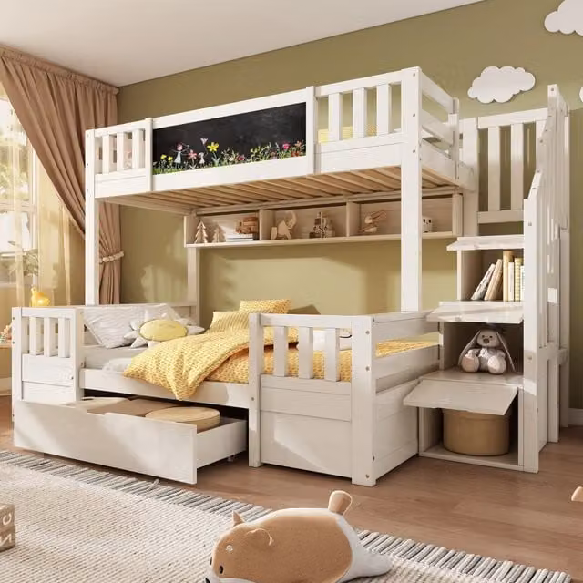 Letto a castello per 3 bambini 90x200 e 140x200 in legno massello con lavagna, scala contenitore, cassetti e armadietto scala, Bianco