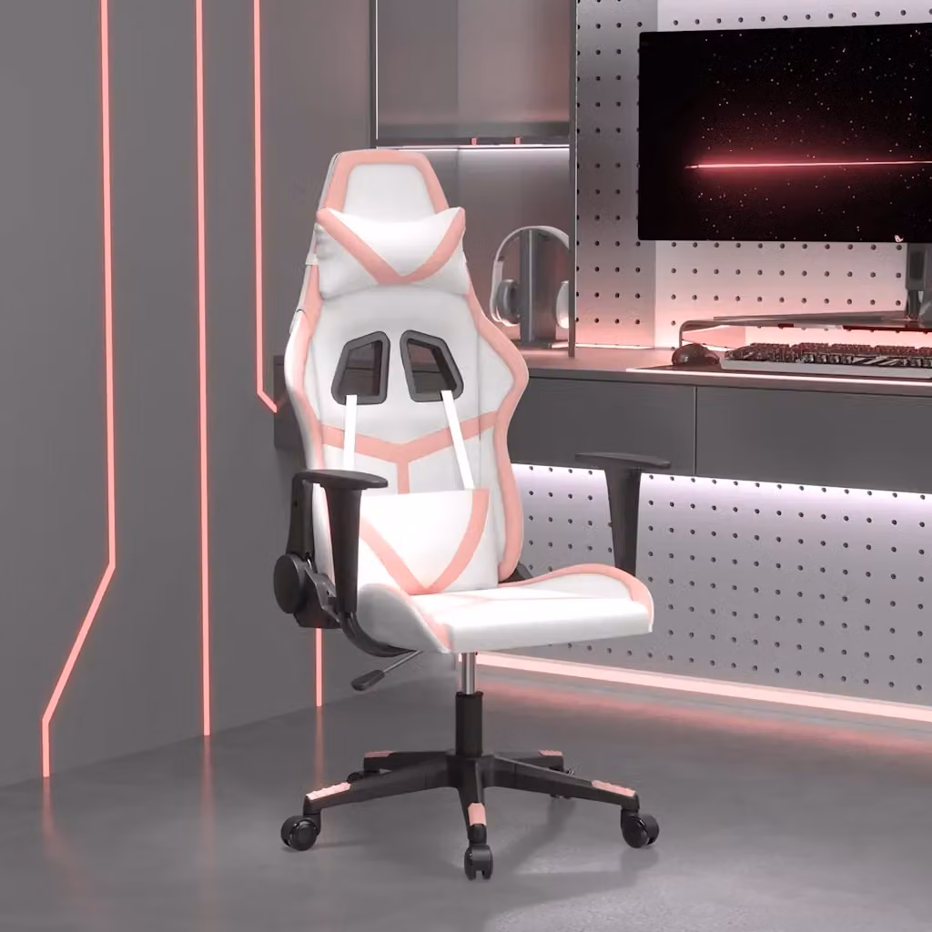 Sedia da Gaming e E-sports con Funzione Massaggiante in Similpelle, Bianco e Rosa – 2