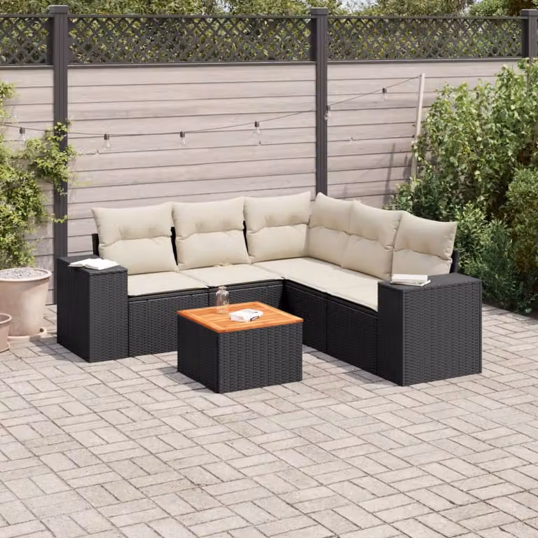 Set Divano da Giardino vidaXL 6 pz a L in Polyrattan Nero con Cuscini e Tavolino