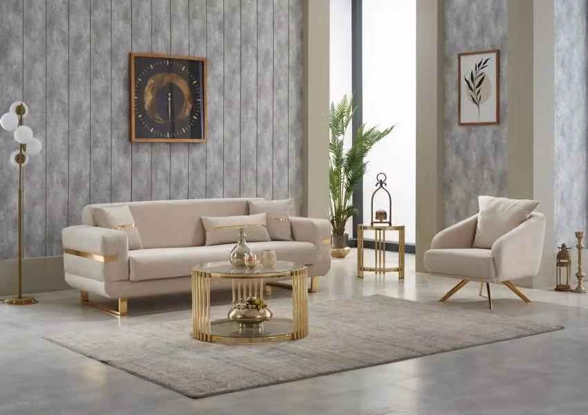 Sofagarnitur Dreisitzer Sofa Stoffsofa Polstersofa Beige Sessel 2tlg