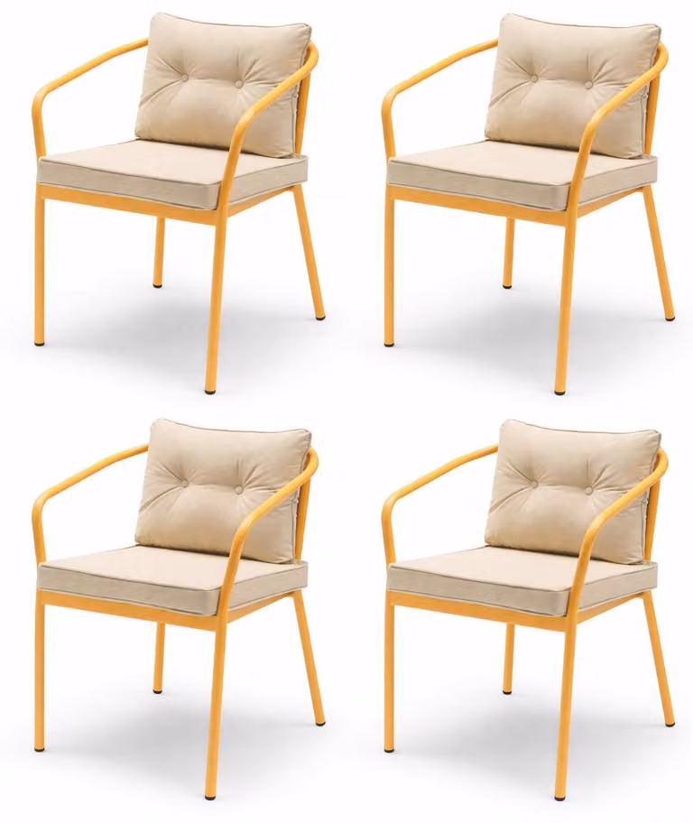 Sedia beige e gialla, stile moderno, struttura in metallo, morbida imbottitura della seduta