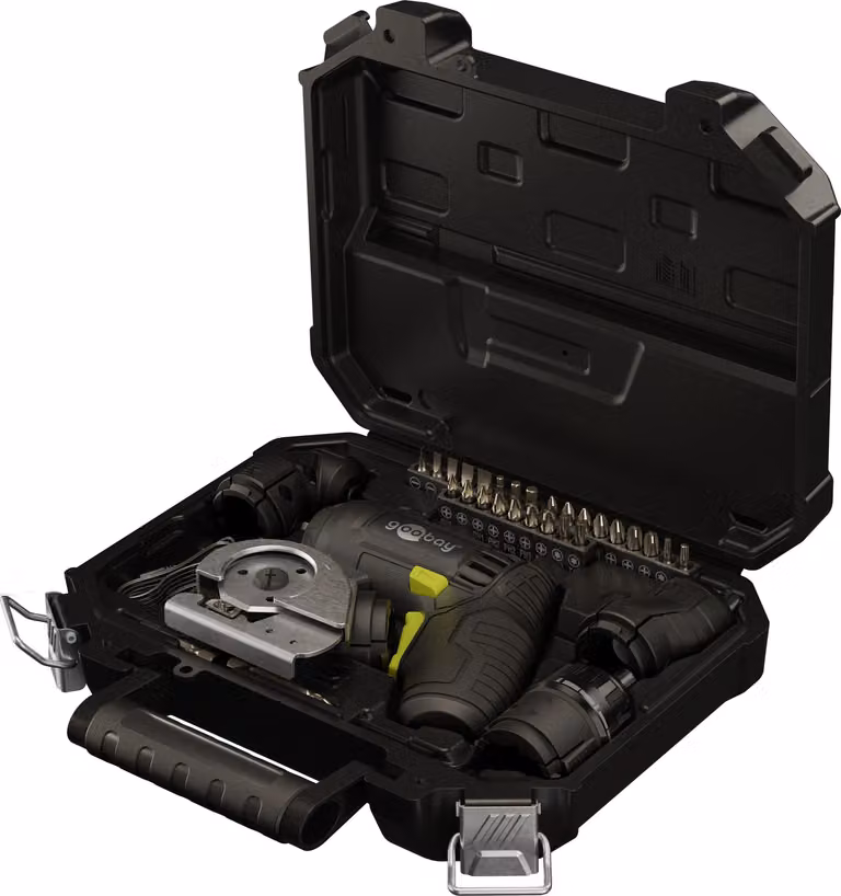 Goobay 77817 Set mini avvitatore a batteria 4in1 35 pezzi, nero, 1,5 m - a forma di pistola con 4 inserti e set di utensili composto da 28 punte e 1 adattatore in acciaio al cromo-vanadio