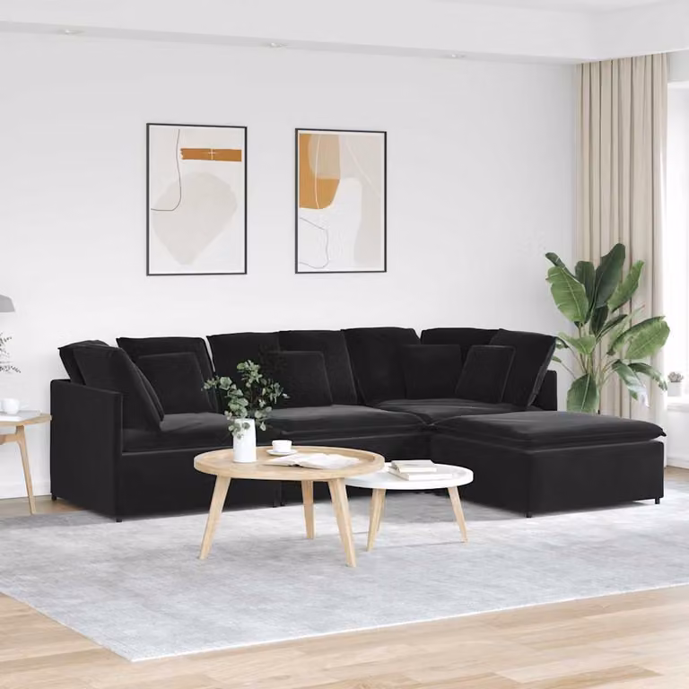 vidaXL Divano Modulare a L in Velluto Nero con Poggiapiedi e Cuscini