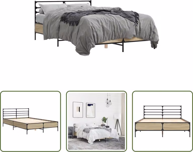 The Living Store Struttura per letto in rovere Sonoma 140x200 cm Materiale a base di legno e metallo