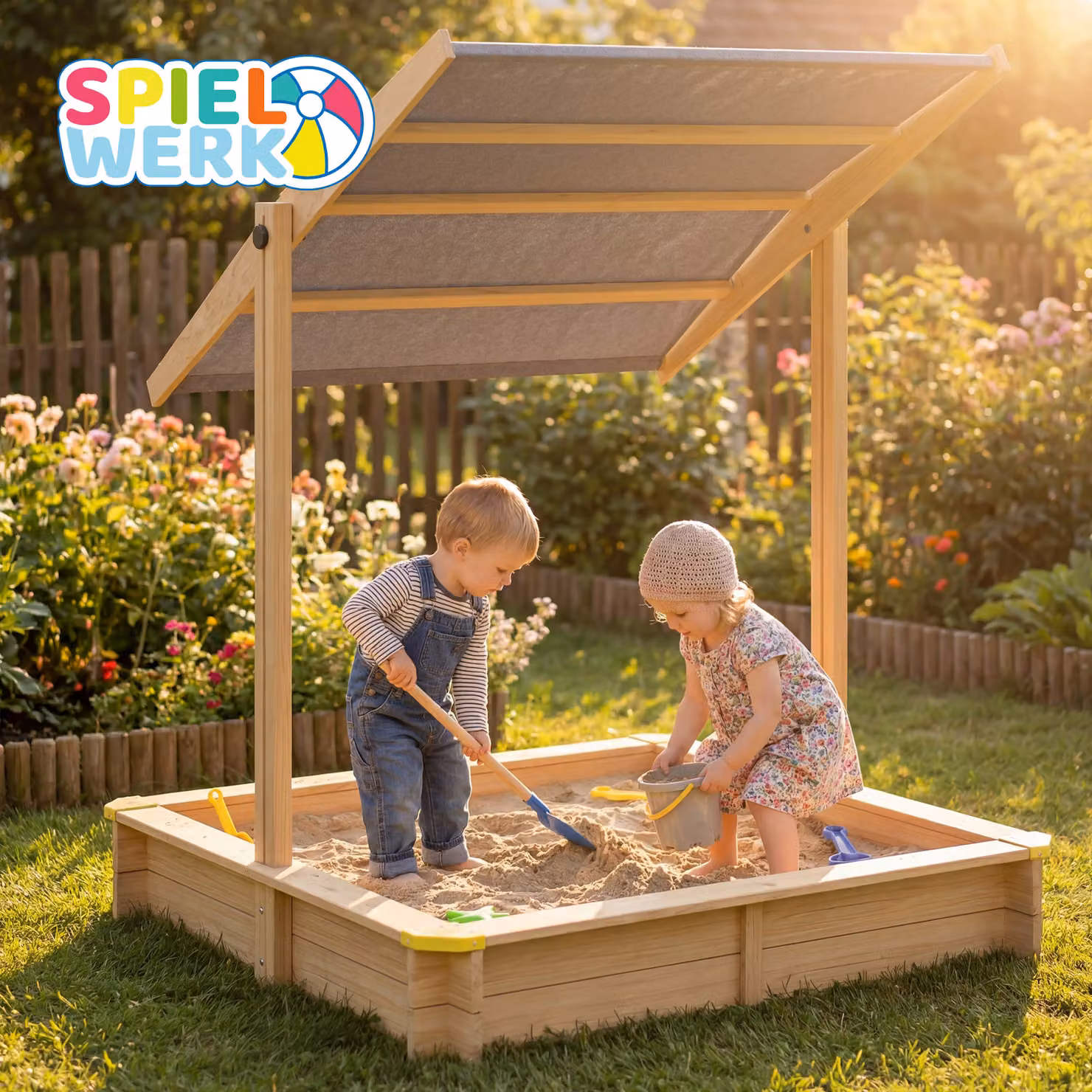 Sabbiera per bambini Samu Spielwerk in legno marrone con tetto regolabile L/P/H: 120 x 120 x 120 cm – 3