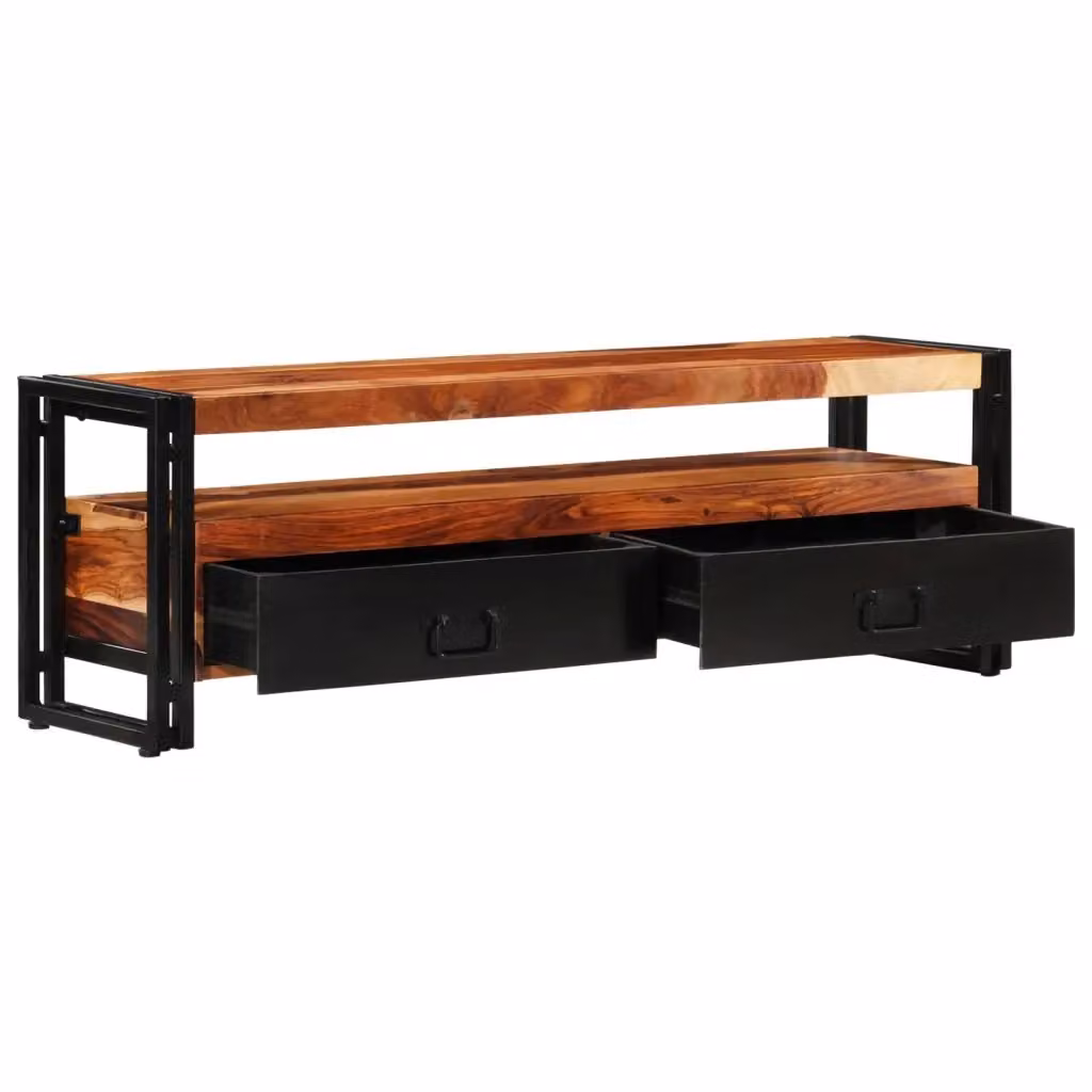 Mobile Porta TV Credenza Moderno in Legno di Acacia Marrone e Nero L/P/H: 120 x 30 x 40 cm – 2