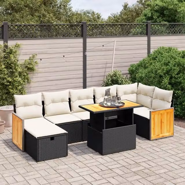 Set da giardino moderno vidaXL composto da 8 pezzi in polyrattan con cuscini bianchi e neri a forma di L