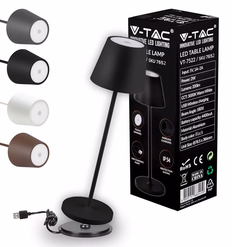 Lampada da tavolo LED dimmerabile V-TAC, senza fili, con controllo touch – Ricaricabile, colore nero. Lampada per interni ed esterni – Adatta per esterni, grado di protezione IP54 – Ideale per casa e ristoranti. Batteria da 4400 mAh – Luce bianco caldo 30