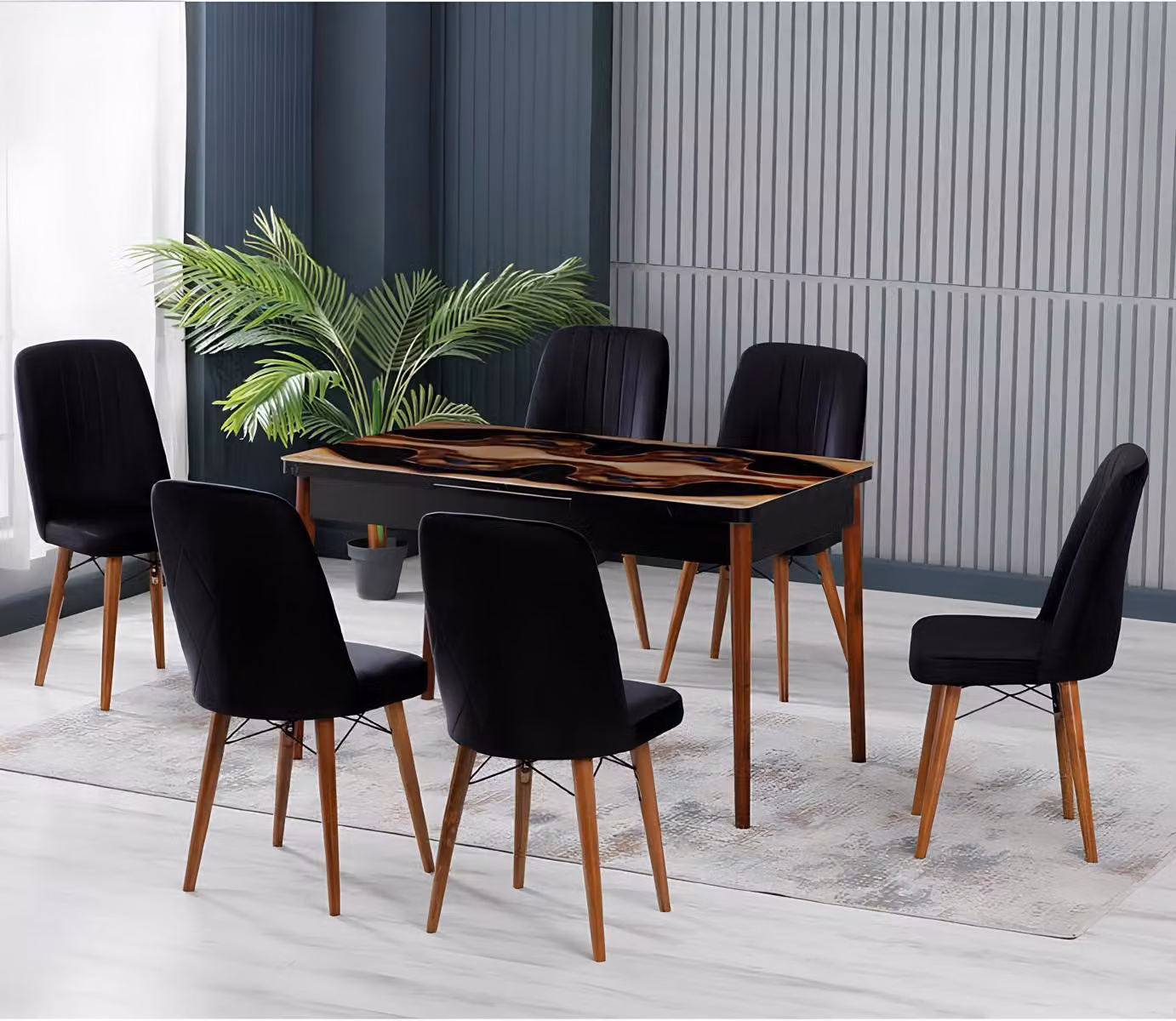 Tavoli da pranzo, set da pranzo, sedie, colore nero, marmo, design moderno, comfort