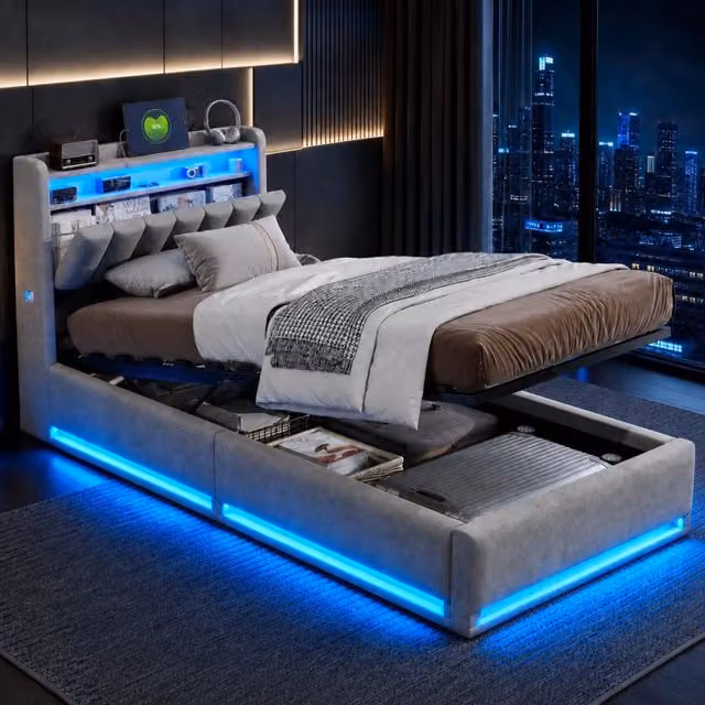 Letto Singolo Imbottito 90x200cm;Letto idraulico con Spazio;Letto Baule con Contenitore Letto Imbottito con LED USB Velluto grigio;Senza Materasso