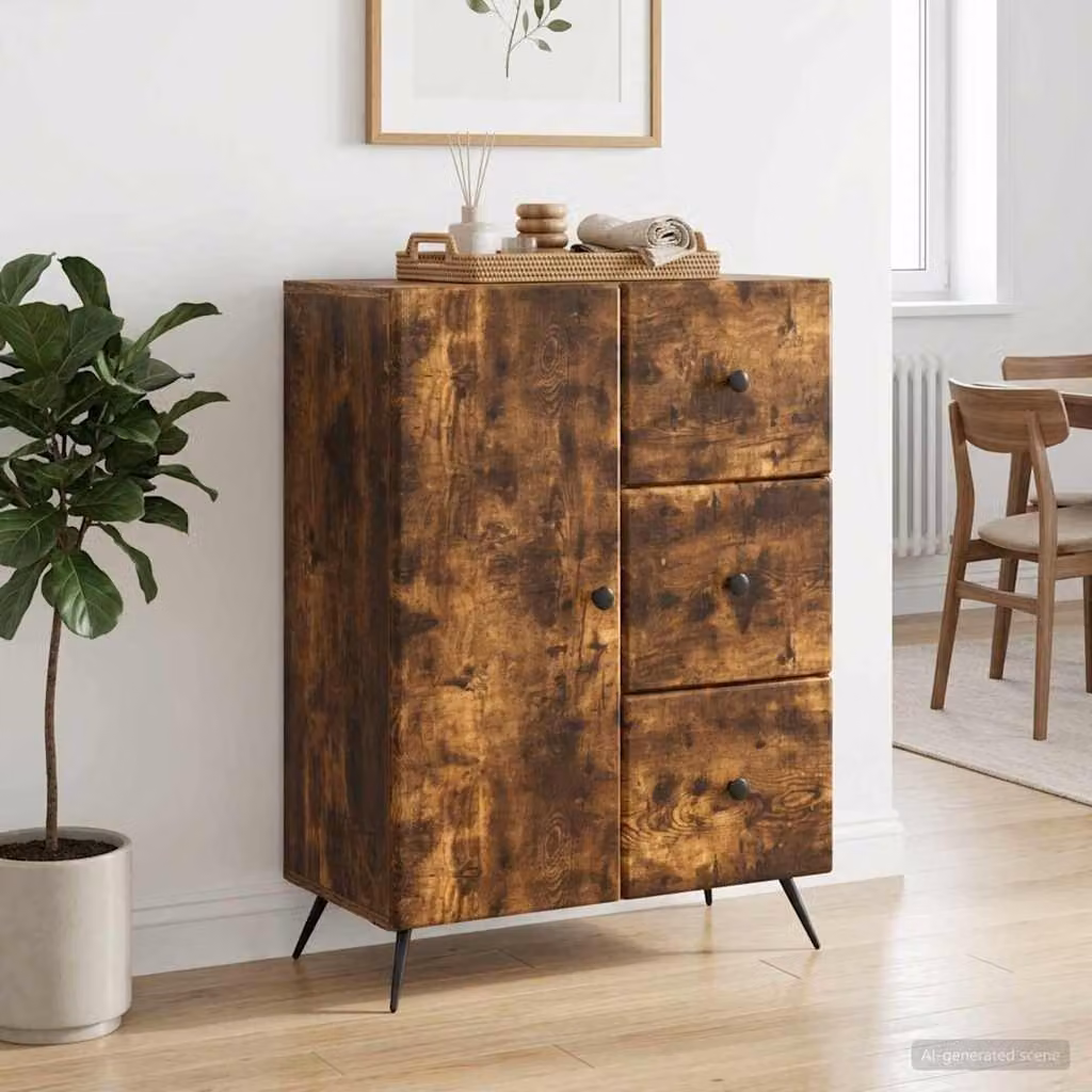 Credenza moderna vidaXL in legno ingegnerizzato e metallo, colore rovere fumo, L: 66 cm, P: 34,5 cm, H: 90 cm