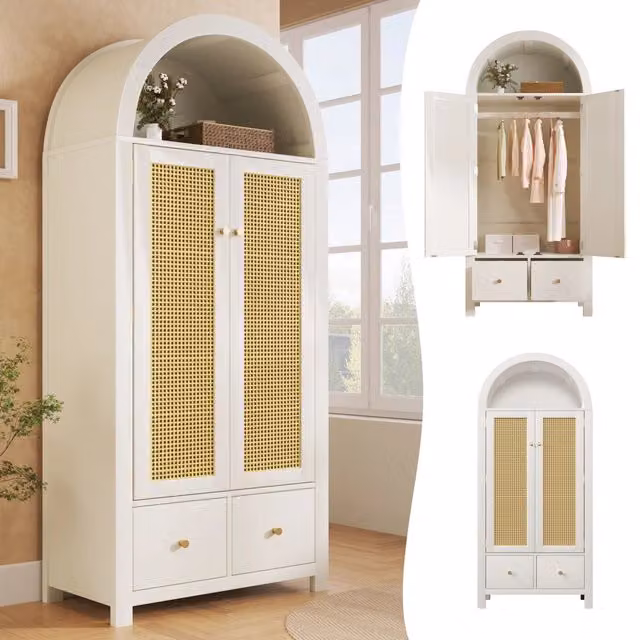Armadio 181x78x45 cm stile country bianco con intrecci in rattan, 2 ante con chiusura magnetica, 2 cassetti, appendino, ripiano semicircolare aperto e sicurezza anti-ribaltamento