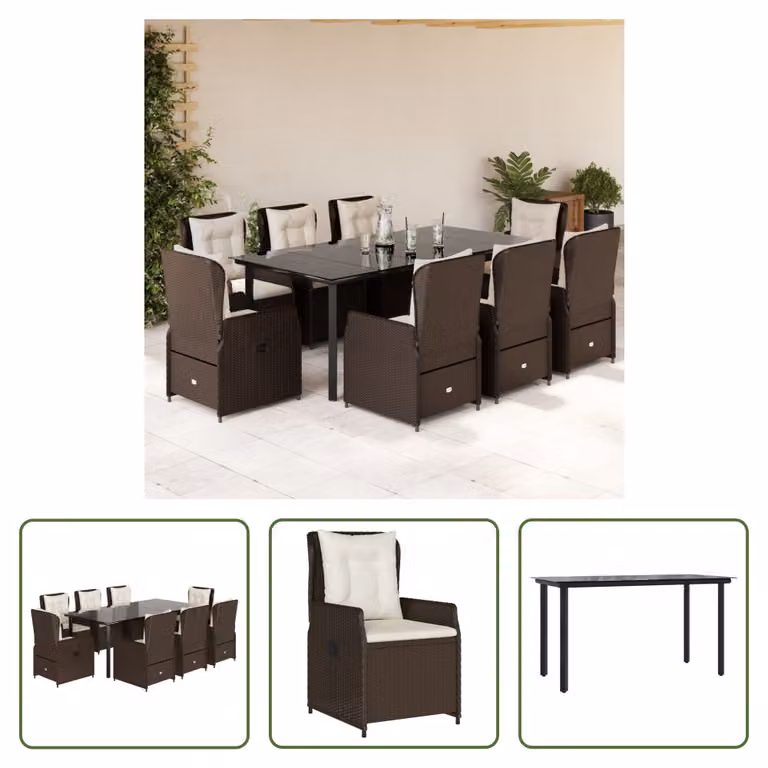 The Living Store Set da pranzo da giardino 9 pezzi con cuscini in polirattan marrone