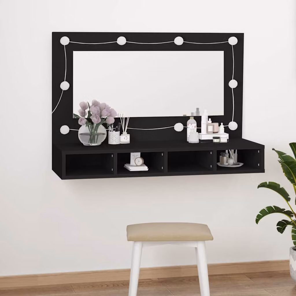 Armadietto da bagno con specchio e illuminazione LED vidaXL Nero L: 90 cm, P: 31,5 cm, H: 62 cm