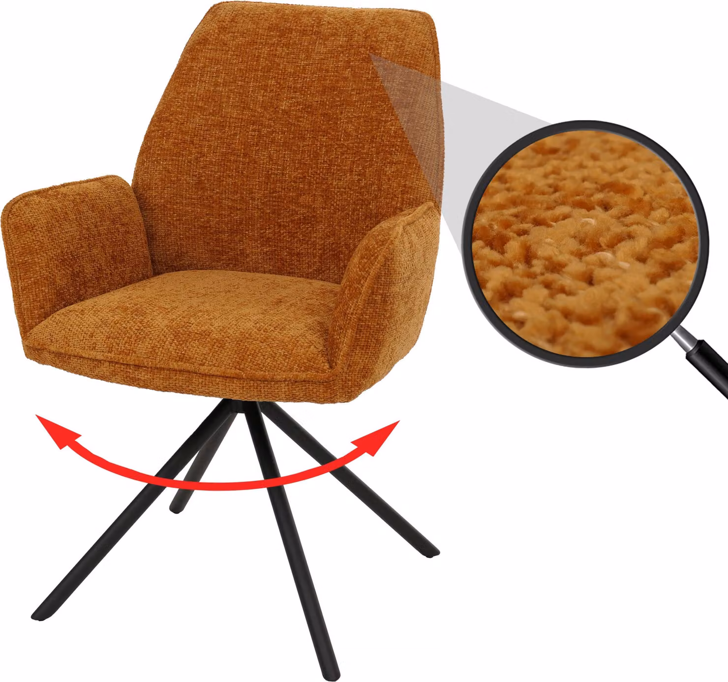 Sedia da pranzo HWC-G67, sedia da cucina con braccioli, girevole, con sistema di blocco automatico della posizione, in tessuto chenille ®, color senape