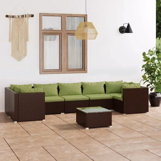 Set da giardino moderno vidaXL composto da 8 pezzi con divano ad angolo a forma di L, tavolino da caffè e cuscini, colore marrone e verde con struttura in metallo e rattan – 1