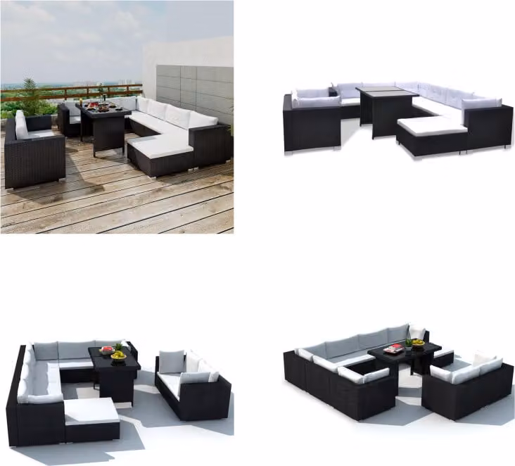 vidaXL 10 pezzi set salotto da giardino con cuscini in poly rattan nero - Tavolo e sedie da pranzo - Tavoli e sedie da pranzo - Gruppo da pranzo - Gruppi da pranzo