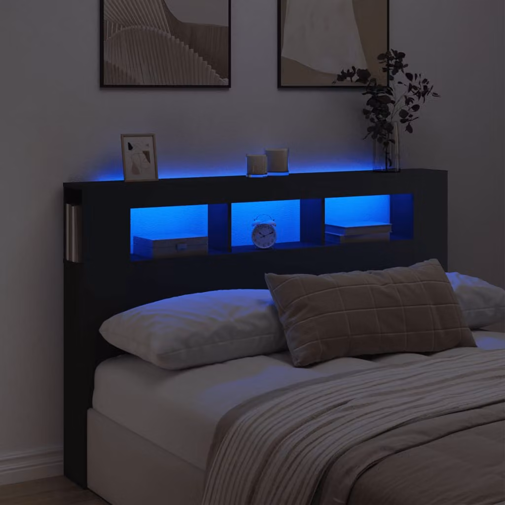 Testiera con LED vidaXL Nera in Legno Multistrato con Ripiano Integrato e Porte USB L: 160 cm, P: 18,5 cm, H: 103,5 cm
