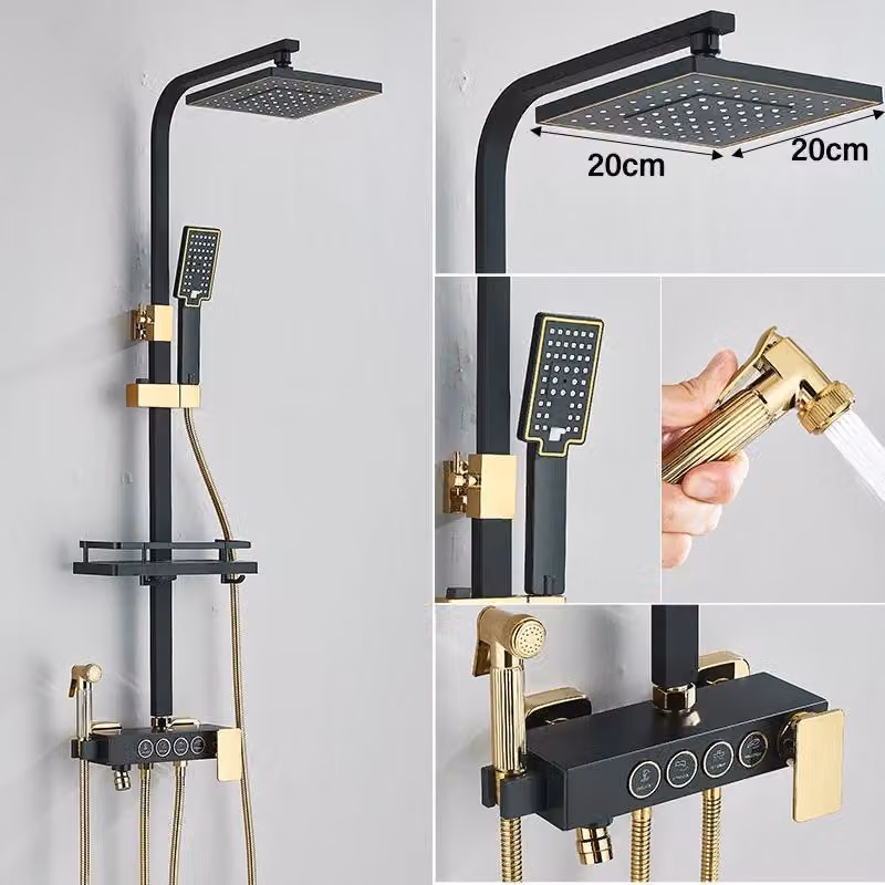 Set doccia per vasca da bagno - Sistema doccia a 4 getti - Doccetta superiore da 25 cm - Acciaio inossidabile 304 - Miscelatore monocomando per acqua calda/fredda - Nero e oro