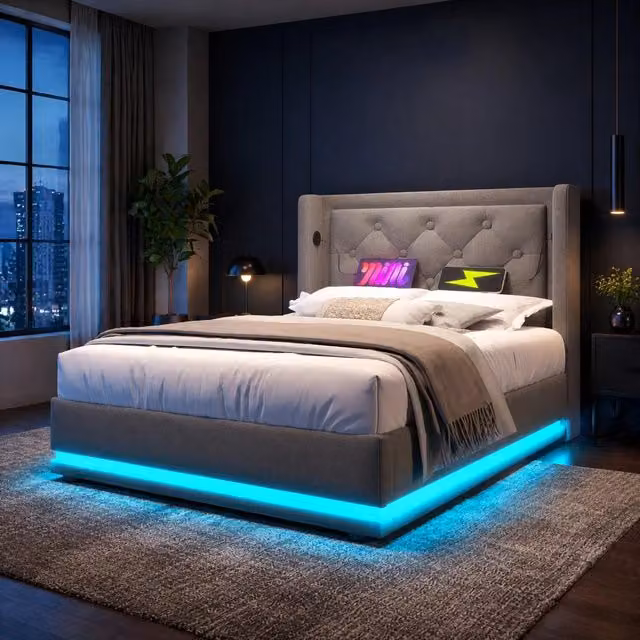 Letto 90x200 cm grigio – contenitore idraulico LED USB, senza materasso