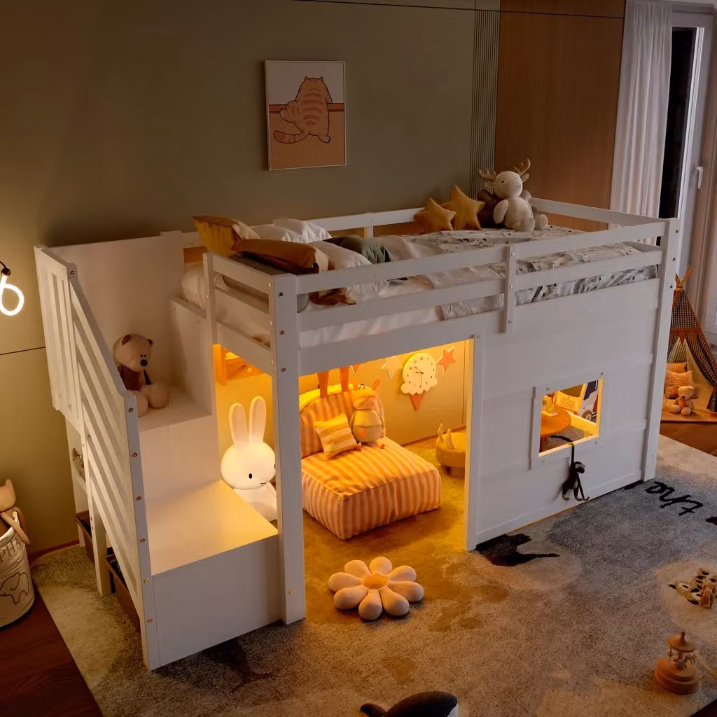 Letto a soppalco singolo Mivray bianco con scala contenitore, illuminazione LED e doghe in legno MDF, L/P/H: 254 x 127 x 95 cm – 2