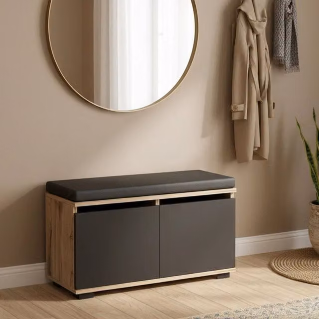 Scarpiera Delphin DMORA con seduta integrata per 8 paia di scarpe, Marrone e Nero, L: 80 cm, P: 35 cm, H: 42 cm