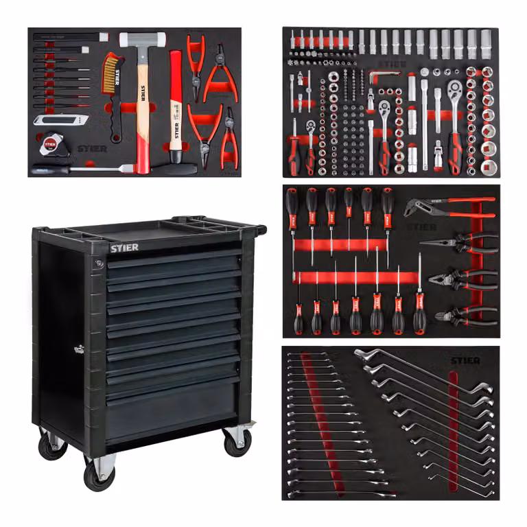 Carrello da officina STIER con dispositivo di protezione e porta laterale, equipaggiato con 241 pezzi, utensili in inserto in schiuma morbida (EVA), portata 350 kg