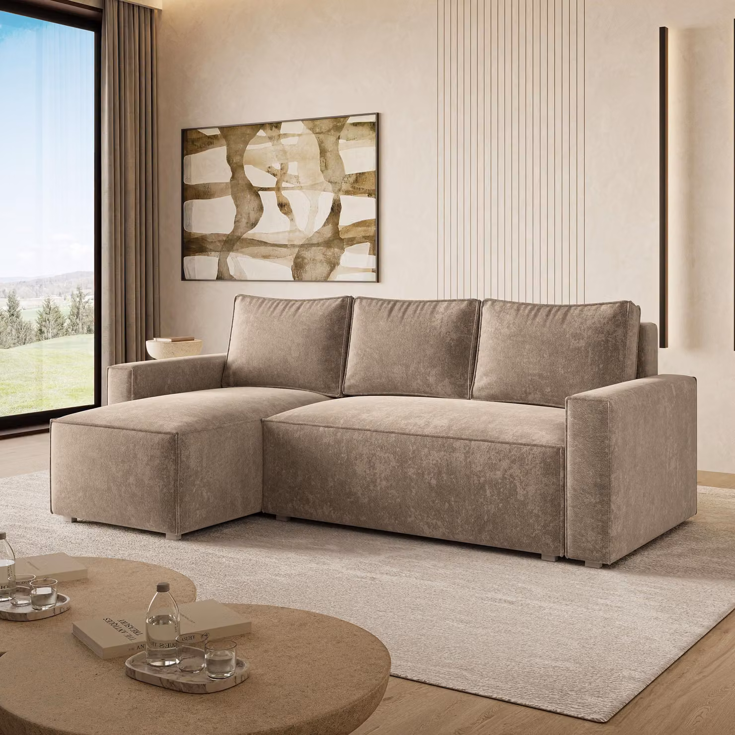 Divano ad angolo Masseno POTARO LM con funzione letto a L, divano con contenitore, divano da salotto, divano, divano letto, set divani - Beige, LUMO 30