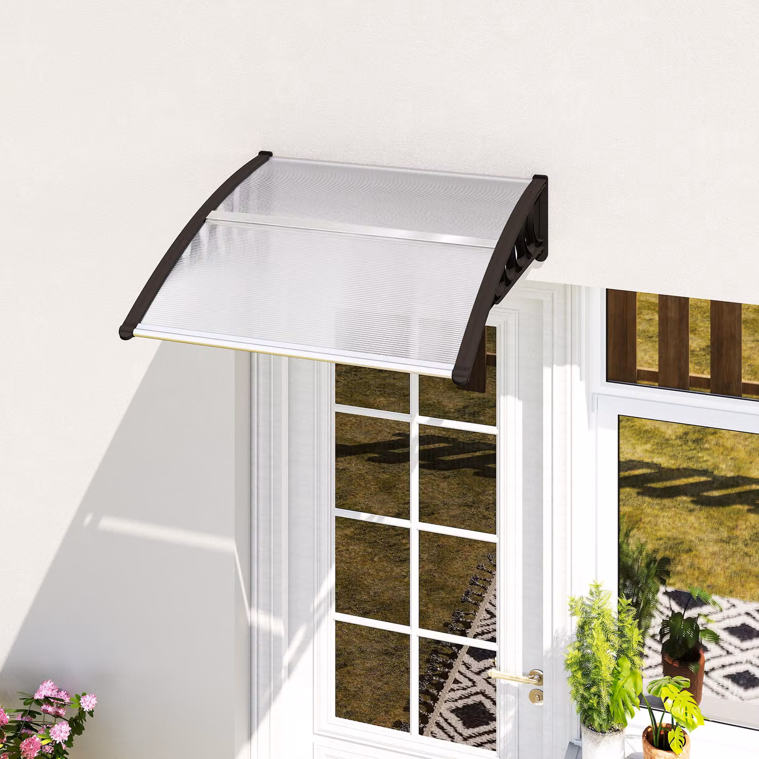 Tettoia da esterno Outsunny in policarbonato trasparente per porte e finestre, L: 103 cm, P: 96,5 cm, H: 27 cm – 2