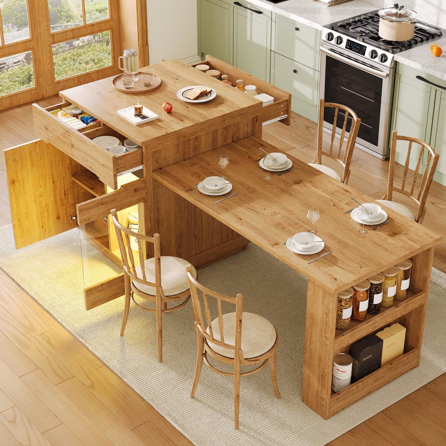 MODFU: Isola da cucina con spazio di stoccaggio aperto e illuminazione a LED. Mobile da cucina multifunzionale con cassetti e ante in vetro. Tavolo da cucina con piano estraibile. Materiale: legno