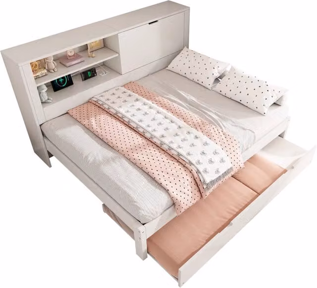 Letto a divano 140x190 cm con letto estraibile 90x190; USB-C e contenitore bianco