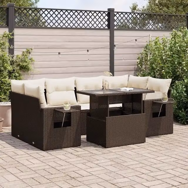 Set Divani da Giardino 7 pz con Cuscini Marrone in Polyrattan 3326434