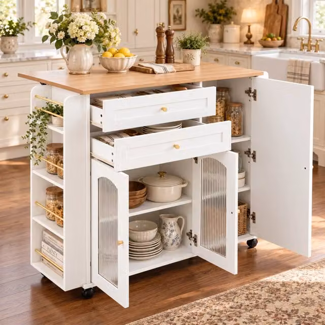 Isola cucina mobile con piano ribaltabile 110 cm in truciolato, 2 cassetti, ante in vetro e ruote